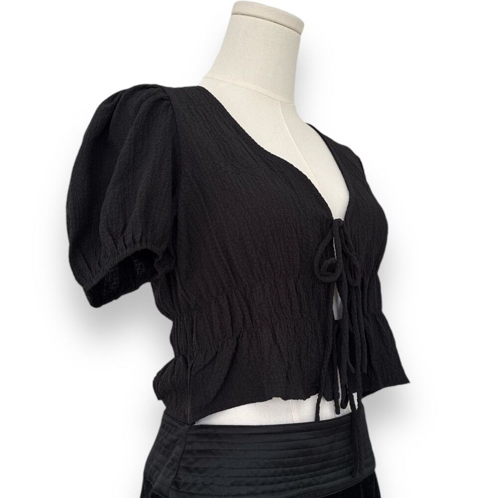 LULU'S String Bow Tie Puff Sleeve V Neck Lightweight‎ Crinkled Crepe Sz S Top - Picture 4 of 6